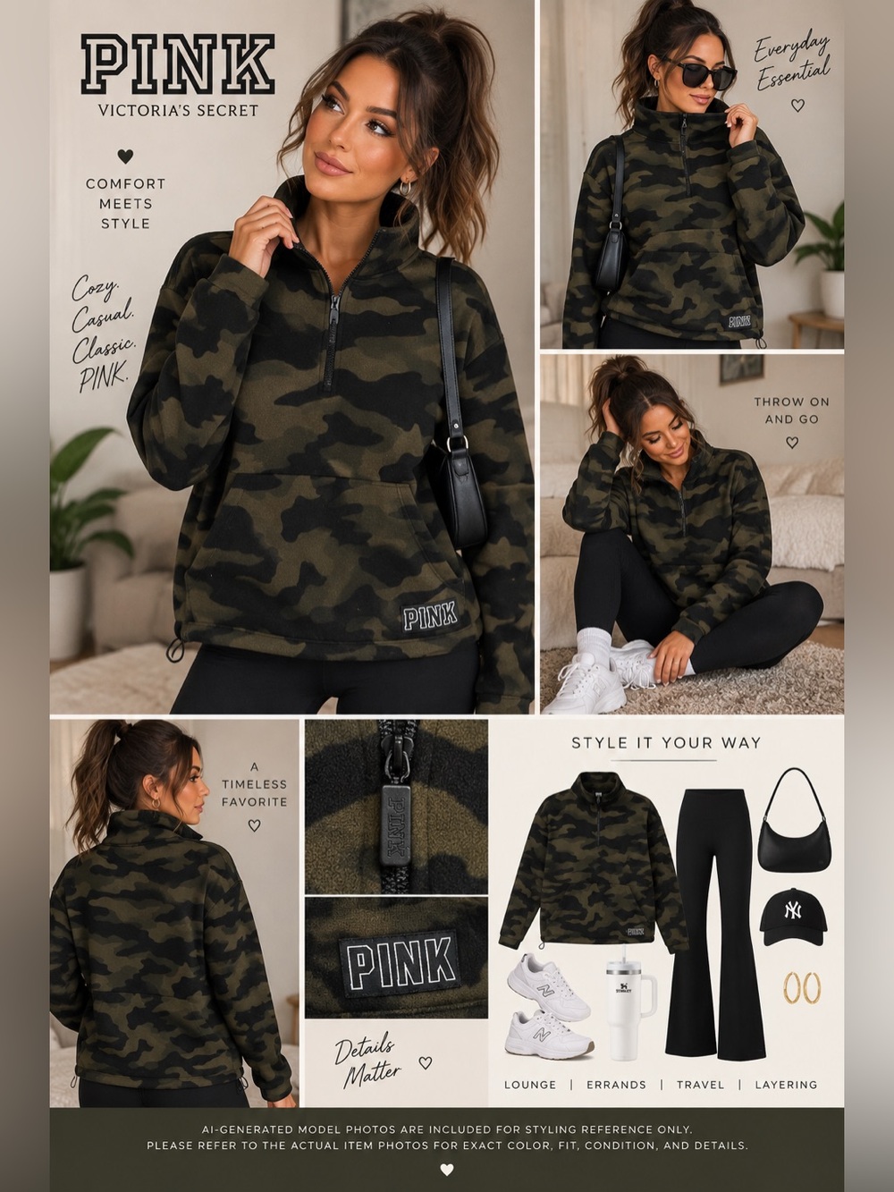 PINK Victoria's Secret Olive Camo Half-Zip Teddy Jacket